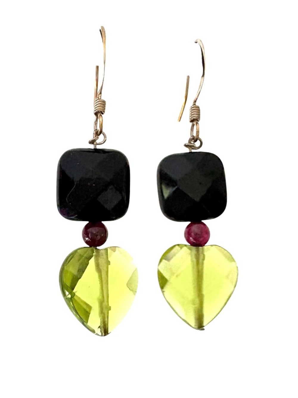 Handmade Heart Dangle Earrings Green Crystal Black Faceted Beads Red Gold Tone